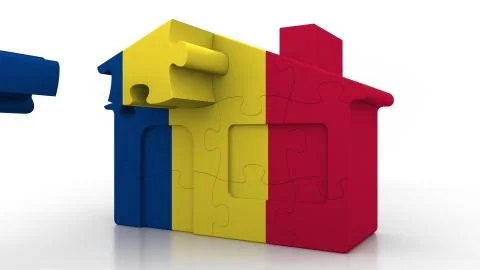 Building puzzle house featuring flag of Romania. Romanian emigration Stock Illustration