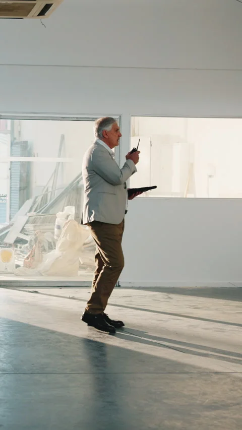 Building, quality assurance and man with tablet, walking or plan for renovation Stock Footage 343707853
