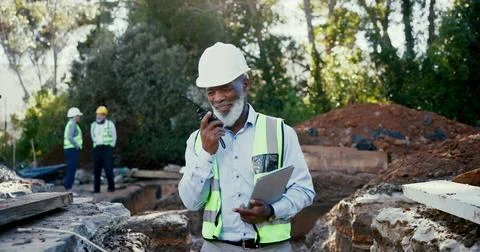 Building, radio and tablet with developer man on excavation site for 스톡 사진