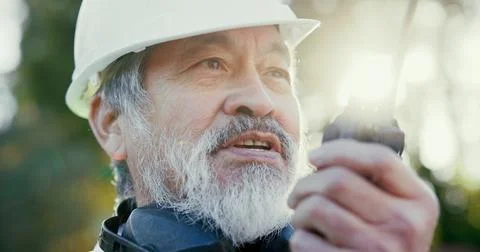 Building, radio and thinking with developer man outdoor on excavation site as 스톡 사진
