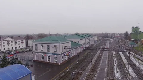 The building of the railway station from a height in winter Stock Footage 83786473