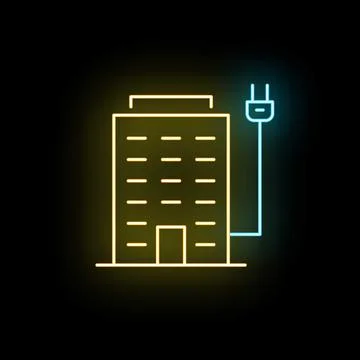 Building receiving power from electric plug neon icon Ilustración de archivo