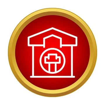 Building with red cross inside round button Stock Illustration