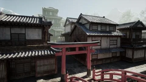 A building with a red gate in front of it Ilustración de archivo