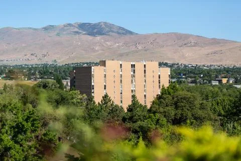 Building in Reno NV surrounded by trees and greenery Stock Photos