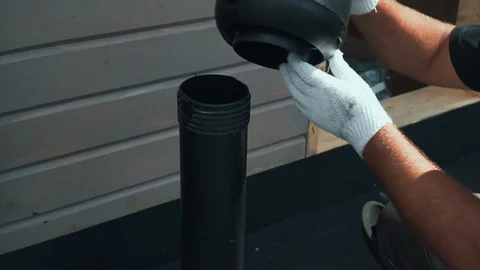 Building Residential Ventilation System. Worker Assembly Air Ventilation Pipes Stock Footage 127581724