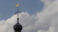Building Roof Rooster Wind Vane Golden Cock Weather Arrow Sign Clouds Fast Move HD Footage
