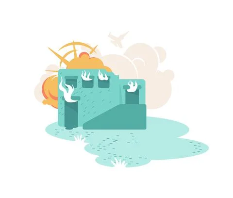 Building ruin in flame 2D vector web banner, poster Ilustración de archivo