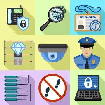 Building security icon set, flat style Ilustración de archivo
