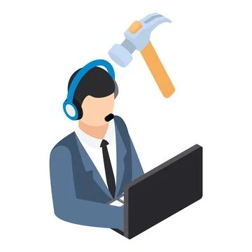 Building service icon isometric vector. Operator front laptop hammer nail puller Stock Illustration