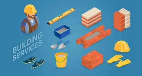 Building service. Worker, tools and elements of brick wall. Vector. イラスト素材
