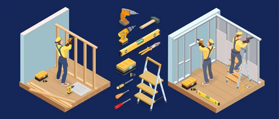 Building services. Isometric interior repairs concept. Carpenter, tools. Vect Illustrazione stock