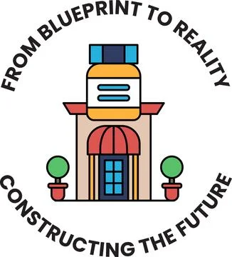 A building is shown in a white circle with the words "From Blueprint to Rea.. Ilustración de archivo
