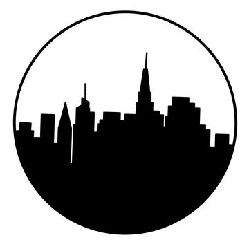 Building silhouette in circle shape in black color style, travel and tourism Illustrazione stock