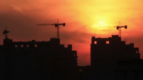 Building silhouettes at misty sky Stock Footage 71921637