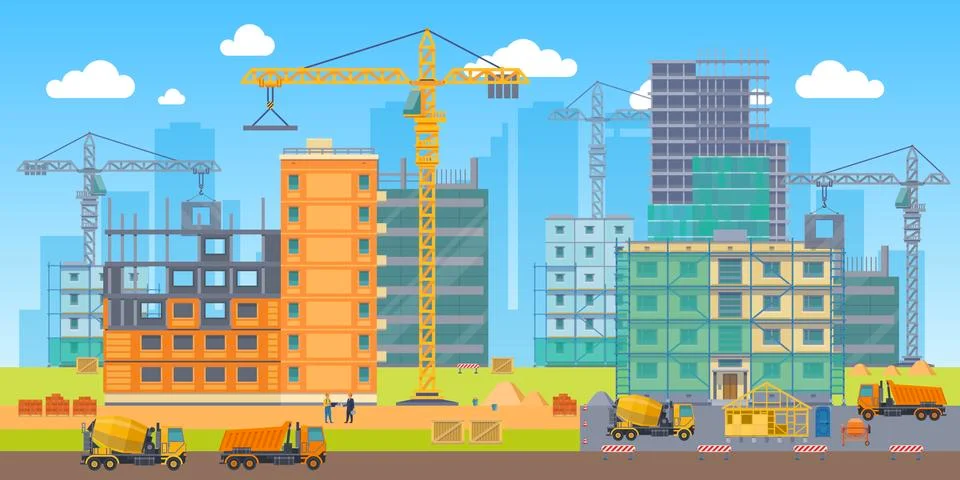 Building site. Construction work big area, special machines crane, concrete Ilustración de archivo