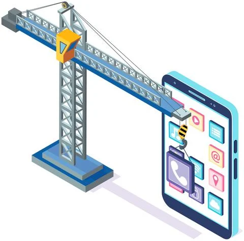 Building smartphone interface with lifting crane. Phone and standard mobile Ilustración de archivo