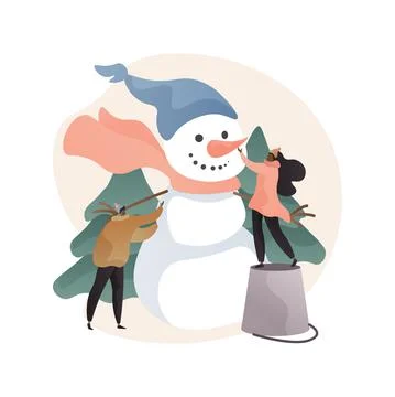 Building a snowman abstract concept vector illustration. Ilustración de archivo
