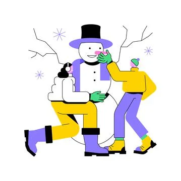 Building a snowman abstract concept vector illustration. Ilustración de archivo