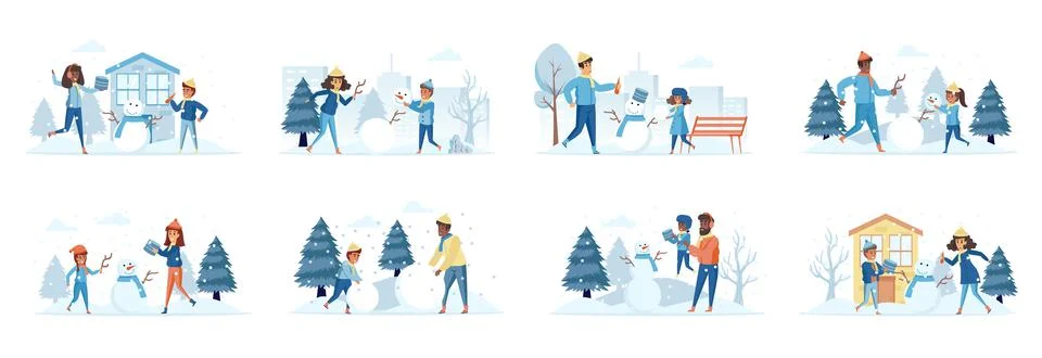 Building snowman bundle of scenes with flat people characters Ilustración de archivo