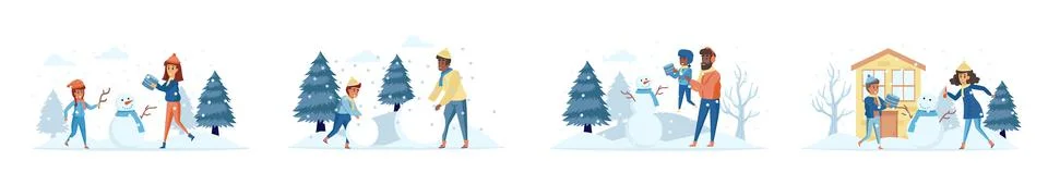 Building snowman bundle of scenes with flat people characters. Illustrazione stock