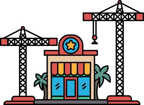 A building with a star on it and two cranes in the background Ilustración de archivo