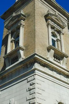 Building with stone and brick structure shows detailed carvings and decorat.. 스톡 사진
