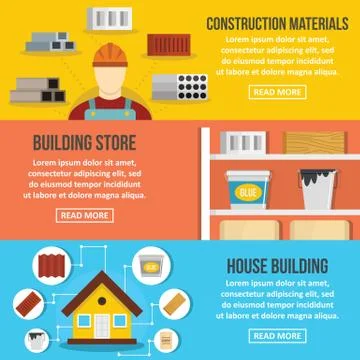 Building store banner horizontal set, flat style Ilustración de archivo