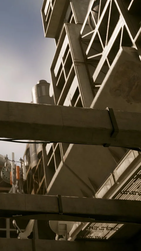 Building structure with metal beams and industrial elements in urban area Stock Footage 335693738