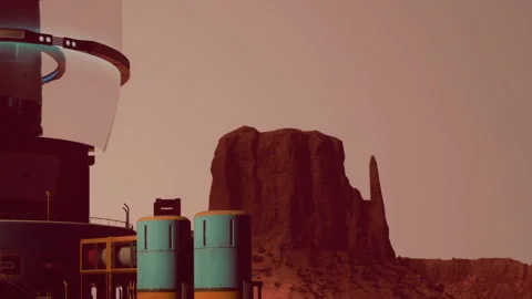 Building structure near rock formation on Mars during sunset Stock Footage 344392829