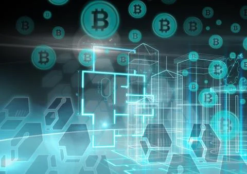 Building structures glowing with bitcoin graphic icons Ilustración de archivo
