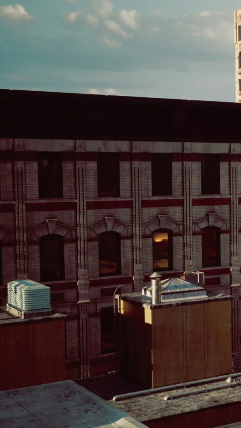 Building structures in urban setting during late afternoon light Stock Footage 331686669