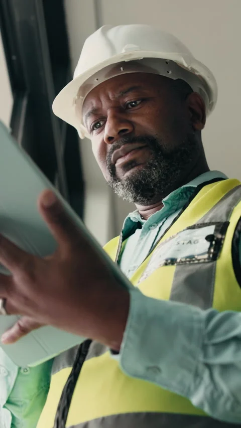 Building, tablet and thinking with black man on worksite for architecture or Stock Footage 337989185