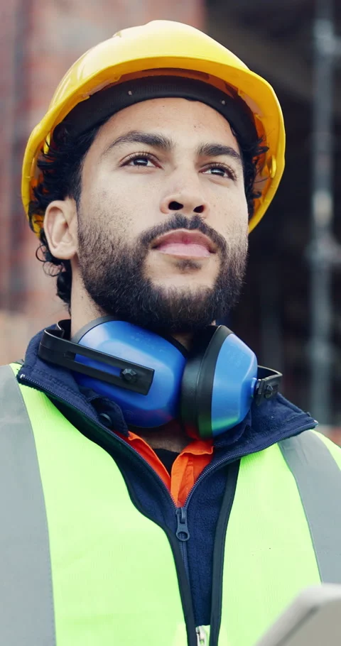 Building, tablet and thinking with man on construction site for engineering or Stock Footage 336796067