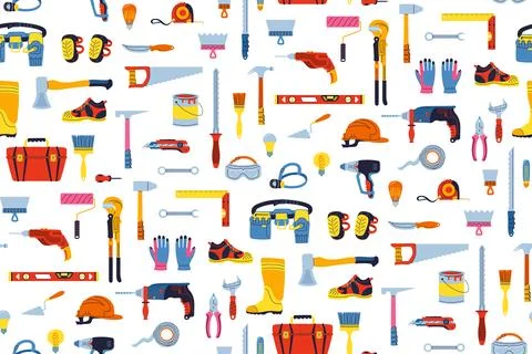 Building tools construction equipment seamless pattern repair works house Stock Illustration