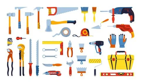 Building tools construction equipment set cartoon illustration hardware repair Stock Illustration