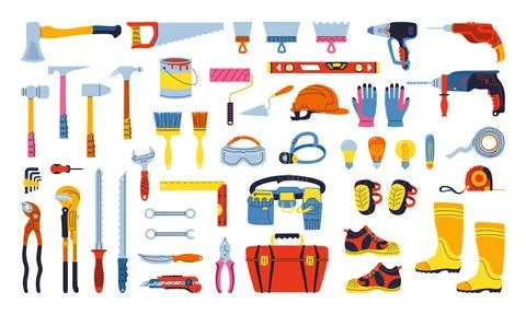 Building tools construction equipment set cartoon illustration hardware repair Stock Illustration