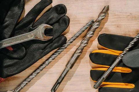 Building tools including centimeter ruler, wrench and cutter placed in the ri Stock Photos