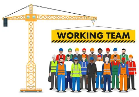 Building tower crane. Group of worker, builder and engineer standing together Stock Illustration