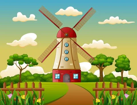 Building tower in farm background Ilustración de archivo