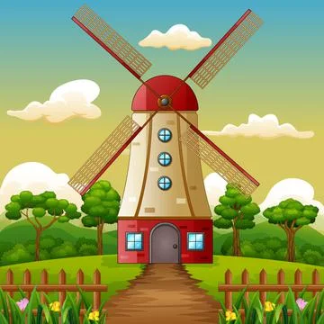 Building tower in farm background Stock Illustration
