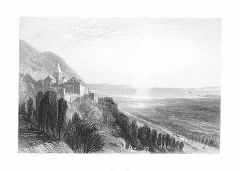 Building Tree Mountain River Sea House Scene Add Antique Drawing Stock Illustration