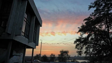 Building trees sunset evening landscape city Stock Footage 142821872
