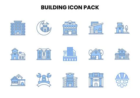 Building Two Colour Collection Icons Pack Stock Illustration