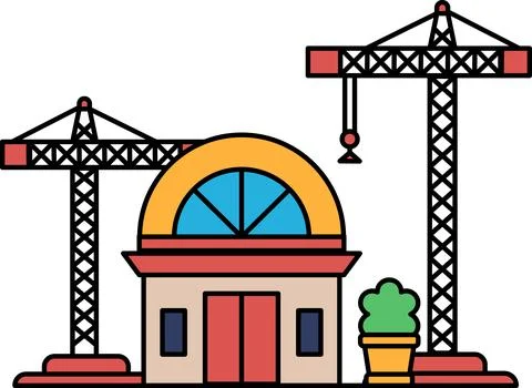 A building with two cranes in front of it Ilustración de archivo