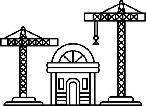 A building with two cranes in front of it Ilustración de archivo
