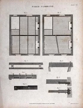 Building: two floor plans, showing the layout of joists, and details (below.. Ilustración de archivo