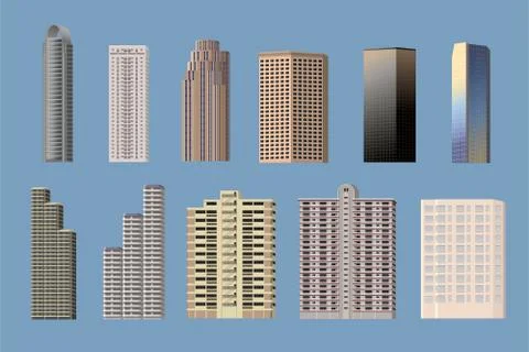 Building types object icon set Stock Illustration