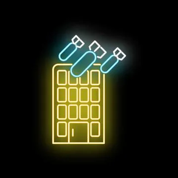 Building under attack with bombs falling neon sign Ilustración de archivo