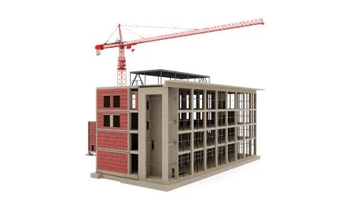 Building under construction 3D model with a construction crane on a white Ilustración de archivo